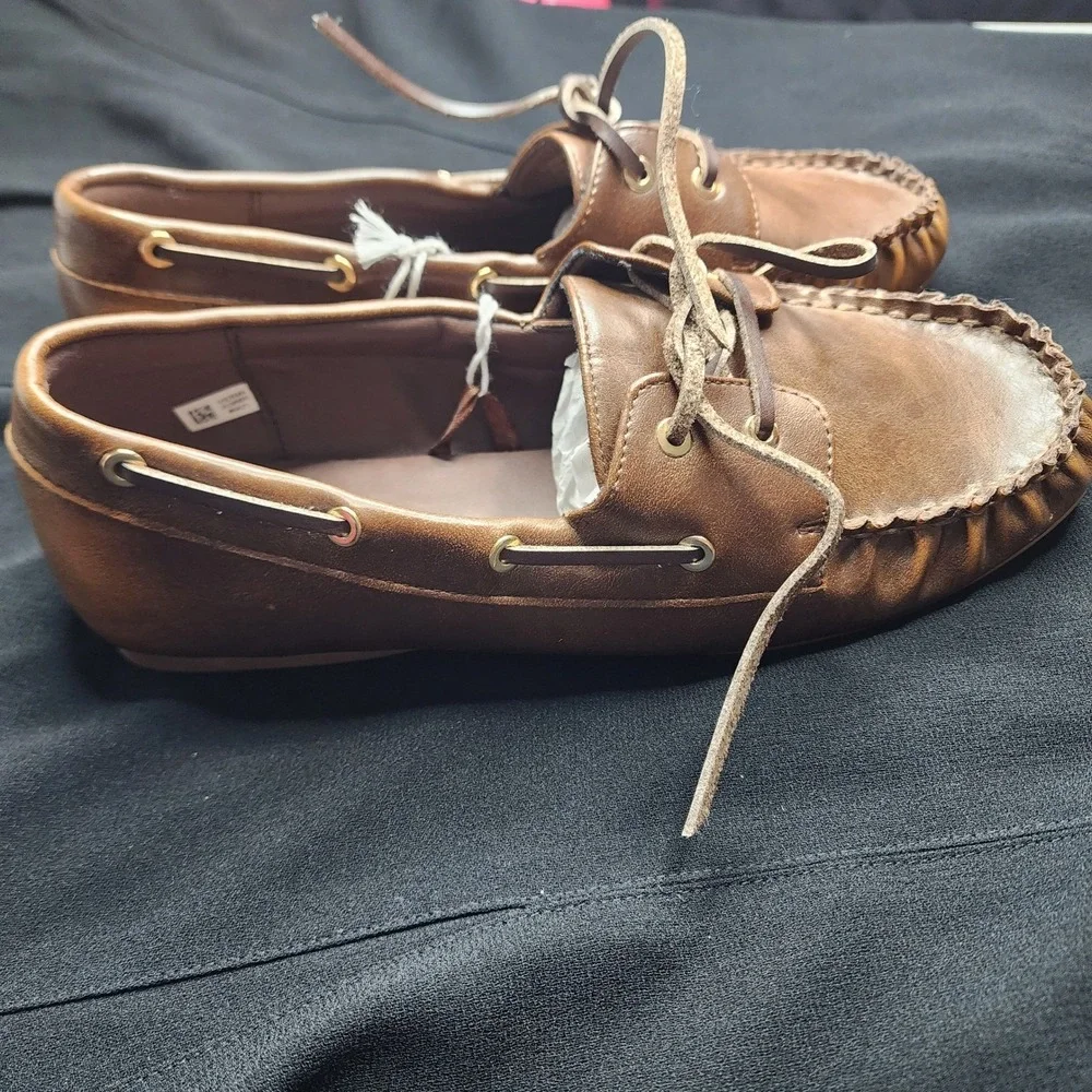 American Eagle Men Brown Faux Leather Moc Toe Boat Shoes Loafers Size‎ 8.5